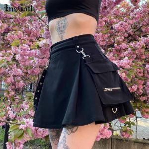 InsGoth Harajuku Punk Gothic Black High Waist Black Skirts Women Sexy Patchwork Bandage Mini Skirt Female Streetwear Summer Chie