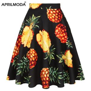 Cotton Pineapple Print Summer Women Tunic Midi Skirts Black Plus Size Skater High Waist 50s 60s Swing Pin Up Aline Party Skirts