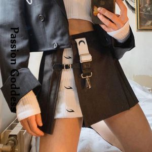 Women Patchwork Buckle Skirts High Waist Mini Skirts Gothic Streetwear Cross Split Skirts Casual College Cool Harajuku Skirt