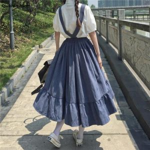 Midi Skirt For Women Spring Summer Japanese Style Kawaii Lolita Skirt Teens Soft Girl High Waist Ruffles Suspender Skirts rok