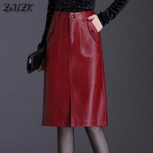 Women PU Leather Bodycon Skirts  Spring Autumn Front Slit High Waist Streetwear Straight Skirt Pocket  Knee-Length Skirt