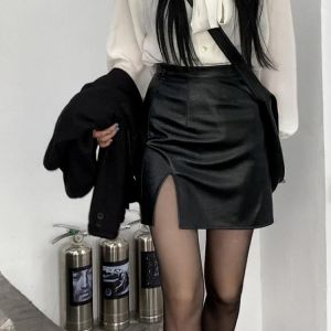 HOUZHOU Punk Leather Skirt Women Black Sexy Split Slim High Waisted A-line Mini Skirts Autumn Korean Fashion Harajuku Streetwear