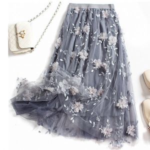 Luxury Woman Skirts 2020 Korean style Fashion Elastic Waist Appliques Embroidery Floral Mesh Skirt Long Gauze Ball Gown Skirt