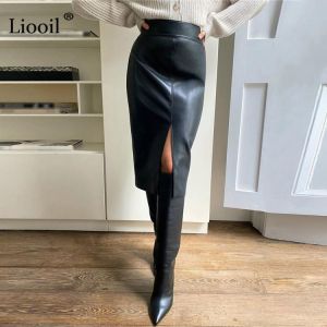 Women Faux Leather Slit Pencil Office Skirt Autumn 2021 New Winter Streetwear High Waist Black Brown Sexy Bodycon Midi Skirts