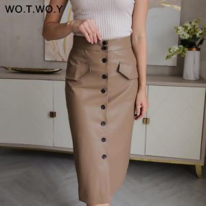 WOTWOY Elengant High Waist Leather Penci Skirt Women Multi Button Wrapped Skirts Mujer Faldas Solid Pockets Femme Jupes New 2021