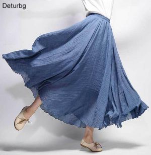 Women's Elegant High Waist Linen Maxi Skirt 2021 Summer Ladies Casual Elastic Waist 2 Layers Skirts saia feminina 20 Colors S
