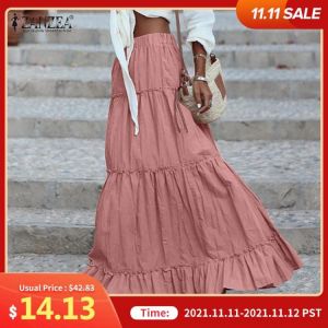 ZANZEA  Women Ruffles Pleated Skirts 2021 Spring High Waist Skirts Female Casual Faldas Saia Cotton Solid Vestidos Robe
