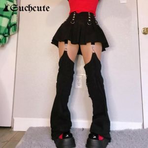 SUCHCUTE Rivet Patchwork Women Mini Pleated Skirts Hight Waist Black Shorts Skirt Punk Streetwear Gothic Clothes Dark Academia
