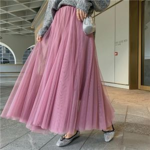 TingYiLi Elegant Tulle Skirt Autumn Winter Big Swing Women Skirt Korean Cute Pink Green Gray Blue Brown Black Long Skirt Tutu