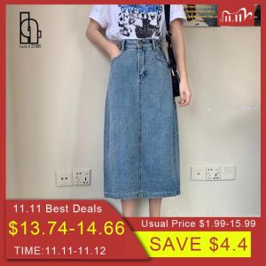 Luck A 2021 Fashion Retro Long Summer Denim Skirts Girls High Waist Button Pockets Split Jeans Straight Maxi Denim Skirts