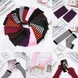 1 Pair Long Glove Fingerless Cotton Classic Wristband Arm Cover Sleeve Striped Soft Mitten Knitted Elbow Gloves For Women Girls