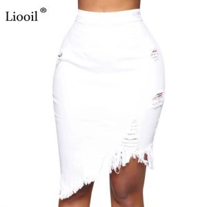 Liooil Asymmetric Hole Denim Midi Skirt With Tassel Streetwear High Waist Wash Distressed For Women Bodycon Ripped Jeans Skirt