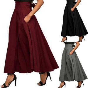 New Elegant Fashion Women High Waist Flared Pleated Long Skirts Gypsy Maxi Skirt +Pockets 5 Sizes Long Skirt SKirts Womens