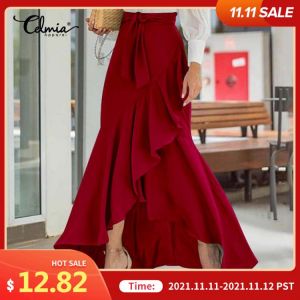 Elegant Long Skirt Women Autumn High Waist OL Belted Fishtail Faldas Largas Celmia Ladies Casual Loose Ruffles Party Maxi Saias