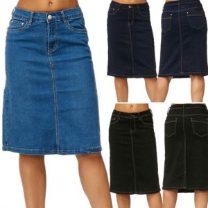Denim Skirt Women Fashion Casaul Stretch Knee Length Washed Denim Blue Skirts Plus Size Pockets Pure Color Office Female Skirts