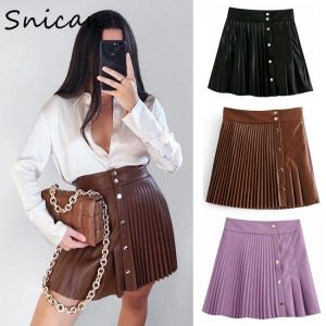 snican solid pu leather skirt high waist buttons sexy mini pleated skirt Asymmetrical fashion faldas cortas za 2020 women autumn