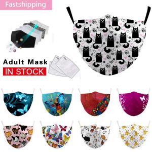 Cute Cat Print Adult Mask Beautiful Butterfly Fashion Graphic Mouth Mask Dust-proof Washable Reusable Unisex Facemask Mascarilla