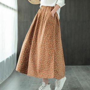 Johnature Autumn Winter New Cotton Retro Print Pockets Elastic Waist Half Skirt 2021 Loose Leisure All-match Women Fashion Skirt