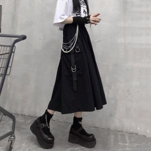 Gothic High Waist Cargo Skirts Woman Harajuku 2021 Loose A-line Pocket Midi Long Black Skirt Hip Hop Fashion Streetwear OverSize