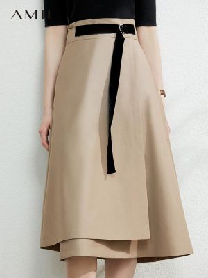AMII Minimalism Autumn Fashion Solid Belt Women Skirt Causal High Waist Aline Irregular Hem Female Skirt 12040091