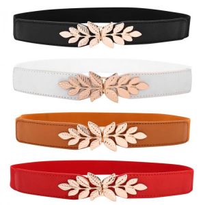 Elelgant Dress Belt Women's Metal Leaf Buckle Elastic Narrow Stretch Dress Belt Creative Design Belt Elegant Dress Accessory