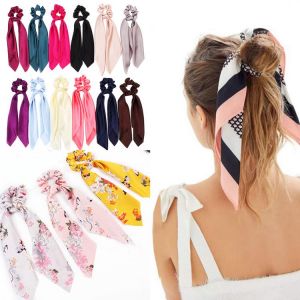 Hot Sale Solid/Floral Print Bow Satin Long Ribbon Ponytail Holder Bohe Women Hairband Girls Elastic Hair Bands Hair Accessories