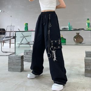 QWEEK Gothic Harajuku Black Cargo Pants Women Chain Wide Leg Goth Hippie Streetwear White Trousers Loose Female Baggy Fashion