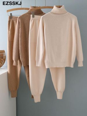 2 Pieces Set Women Knitted Tracksuit Turtleneck Sweater + Harem pants  Pullover Sweater Set CHIC Knitted Outwear sweater suit