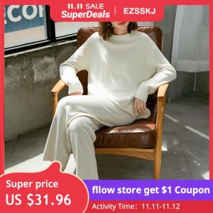 2 Pieces Set Women Knitted Tracksuit Turtleneck Sweater + Carrot Jogging Pants Pullover 2021  Sweater Set CHIC Knitted Outwear