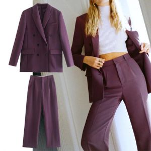 ZA 2Pcs Women Long Pants Sets Blazer Jacket 2021 Coats Fashion OL Design Female Basic Long Sleeve Pockets Outwear Chic Tops