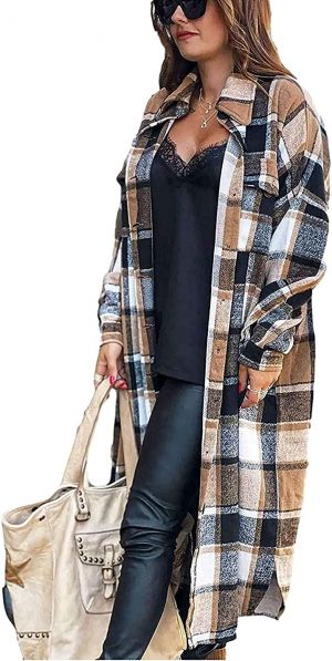 Peaceglad Women's Lounge Lapel Button Up Long Sleeve Plaid Long Shirt Jacket Shacket