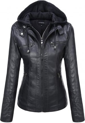 Tanming Women's Removable Hooded Faux Leather Jackets