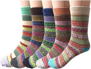 Justay 5 Pairs Winter Womens Wool Socks Vintage Warm Socks Thick Cozy Socks Knit Casual Crew Socks Gifts for Women