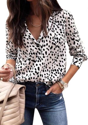 ECOWISH Womens Casual Tops V Neck Leopard Tunic Long Sleeve Button Down Shirts Top