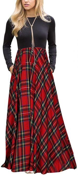 MEROKEETY Women's Plaid Long Sleeve Empire Waist Full Length Maxi Dress