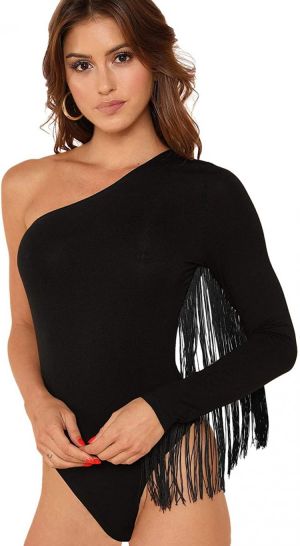 Verdusa Women's Fringe Trim One Shoulder Long Sleeve Bodysuit Top