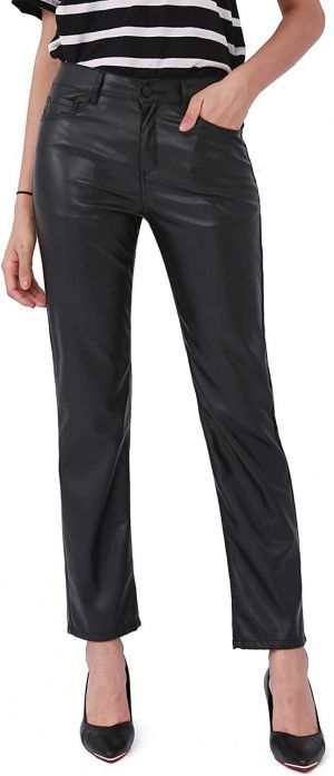 Balleay Art Faux Leather Pants for Women, Straight Leg Mid Waist Butt Lift Elastic Black Pants with 5 Pockets