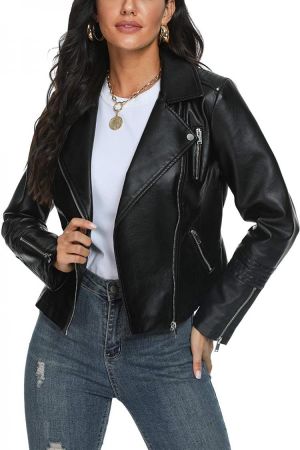 Fahsyee Women's Leather Jackets, Faux Motorcycle Plus Size Moto Biker Coat Short Lightweight Vegan Pleather Fashion