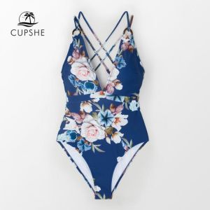 CUPSHE Blue Floral Strappy One-Piece Swimsuit Women Sexy Crisscross Monokini Swimwear 2021 New Girl Beach Bathing Suits