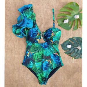 2021 New Arrival Ruffle Swimwear Single Shoulder One Piece Swimsuit Women Floral Printed Tropical Summer Beach Bathing Suit