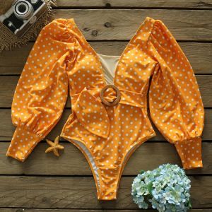 Sexy One Piece Swimsuit 2021 Long Sleeve Swimwear Women V-Neck Monokini Print Backless Bodysuit String Plus Size Bathing Suit