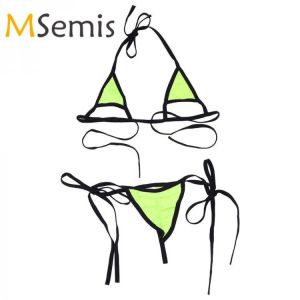 Women's Bikini Swimsuit Micro Mini Bikini Set Two Pieces Strappy Halter Swimwear Top with Tie Side G-string Thongs Underwear