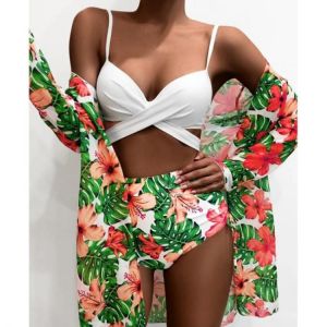 Print Floral Large Swimsuits 3 PCS Beach Bikinis Set Push Up Female Plus Size Swimwear Bather Swim Wear Women Bathing Suit 2021