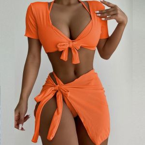 VigoCasey Orange 4PCS/Set Swimwear Women Sexy High Waist Neck Bikini Set 2021 Swimsuit Short Tied Sleeve Bathing Suit Swim Wear