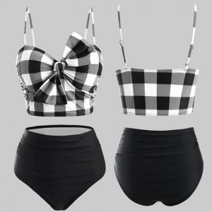 Plus Size Plaid Bikini Set Women High Waist Push Up Beach Swimwear Retro Bowknot Tankini Swimsuit Bathing Suit Biquini Mujer