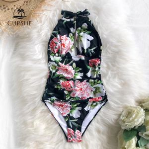 CUPSHE Black Floral Halter One-Piece Swimsuit Sexy Cutout Lace Up Open Back Women Monokini 2021 Beach Bathing Suits Swimwear