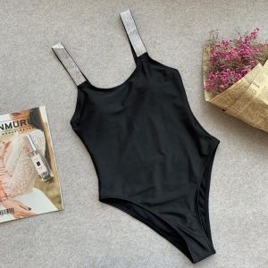 Sexy Solid Black One Piece Swimsuit 2021 High Cut Sequin Strap Push Up Padded Swimwear Women Bodysuit Bathing Suit Monokini