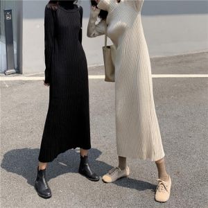 Elegant Turtleneck Ladies Knitted Dress Autumn Winter Women Long Sleeve Loose Slit Sweater Dress Vestidos