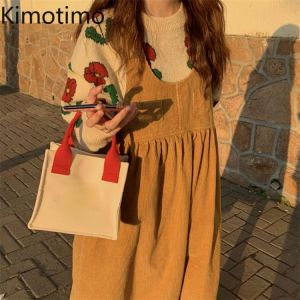 Kimotimo Women Corduroy Vest Dress Korean Chic 2021 Autumn Winter Sweet Gentle Waist A-line Loose All-match Long Lazy Dresses