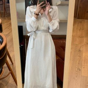 HziriP Korean Ruffled Lantern Sleeve Ladies Dress 2021 Autumn Button Polka Dot Mid-Calf Dress All-Match Gentle Elegant Fashion